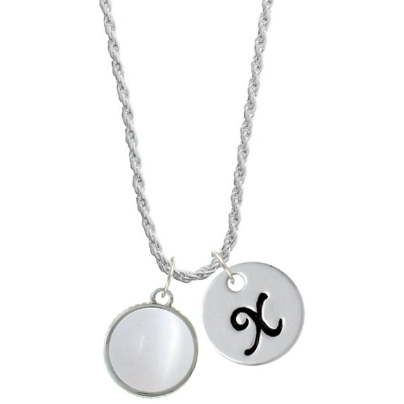 Delight Jewelry Silvertone Round - Imitation Cat's Eye - White - Silvertone Script Initial Disc - X - Charm Necklace, 20"+3"