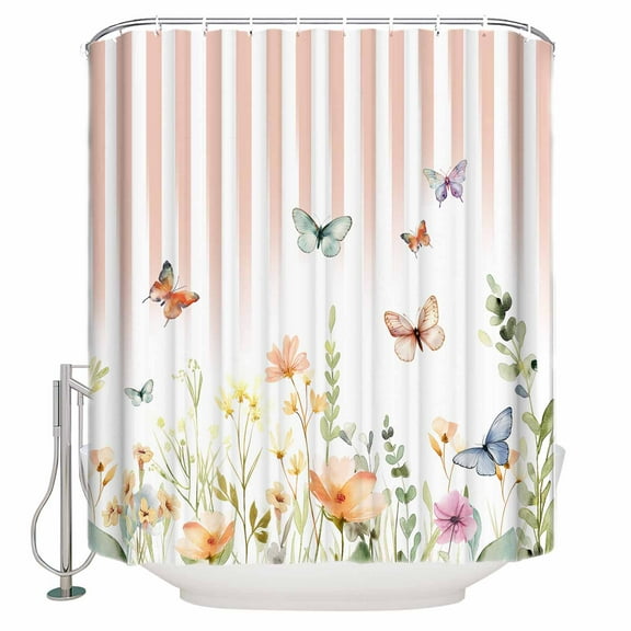Extra Long Shower Curtain 72x84 Inch, Spring Floral Shower Curtain Waterproof Bathroom Decor Pink Striped Butterfly Summer Botanical Fabric Bath Curtain Set Accessories with Hooks