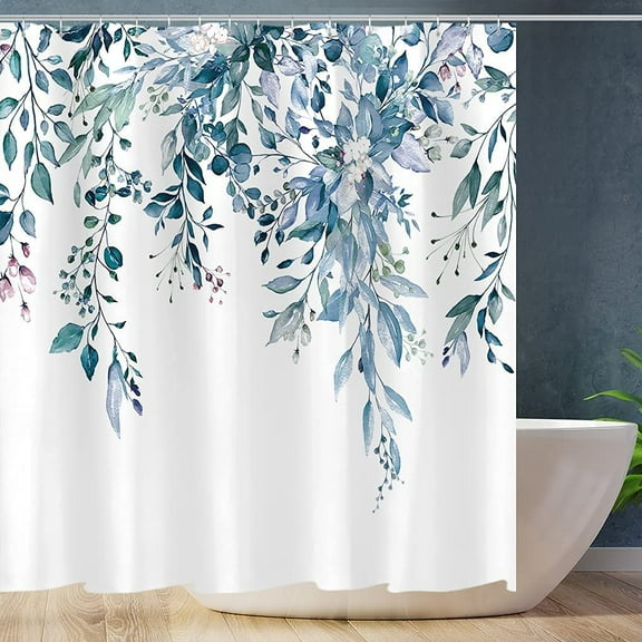 Blue Eucalyptus Leaves Shower Curtain, Watercolor Leaves on The Top Plant with Floral Bathroom Decoration Shower Curtain Sets 72x72 Inch with Hooks