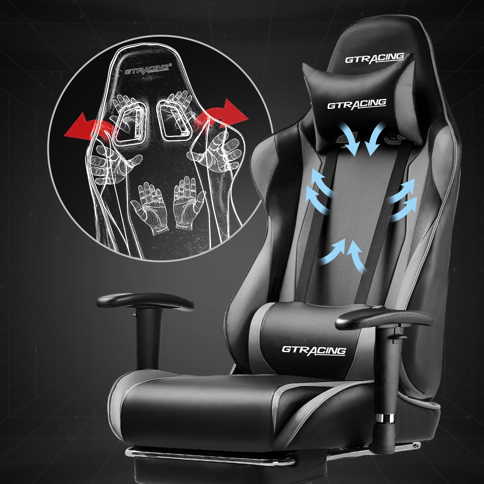 GTPLAYER Gaming Chair with Footrest PU Leather Office Chair with Adjustable Headrest, Gray