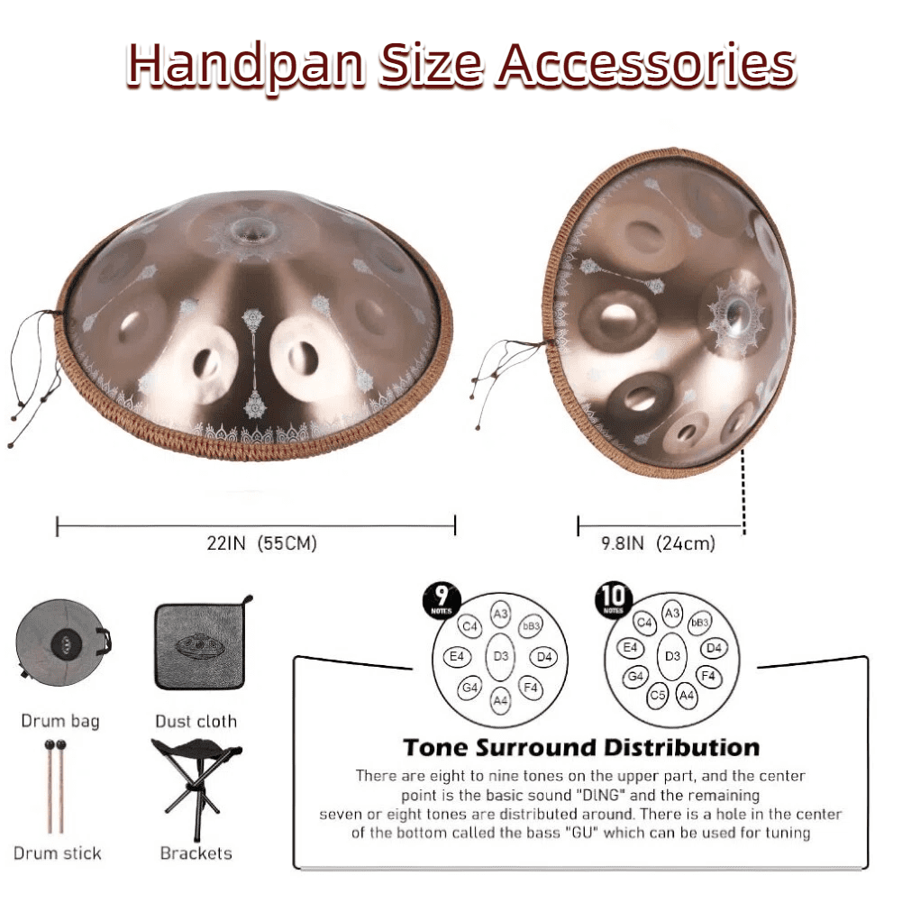 Handpan Drum Sets Classic Gold with Pattern 22inch Handmade 10notes Handpan for Professional Performance