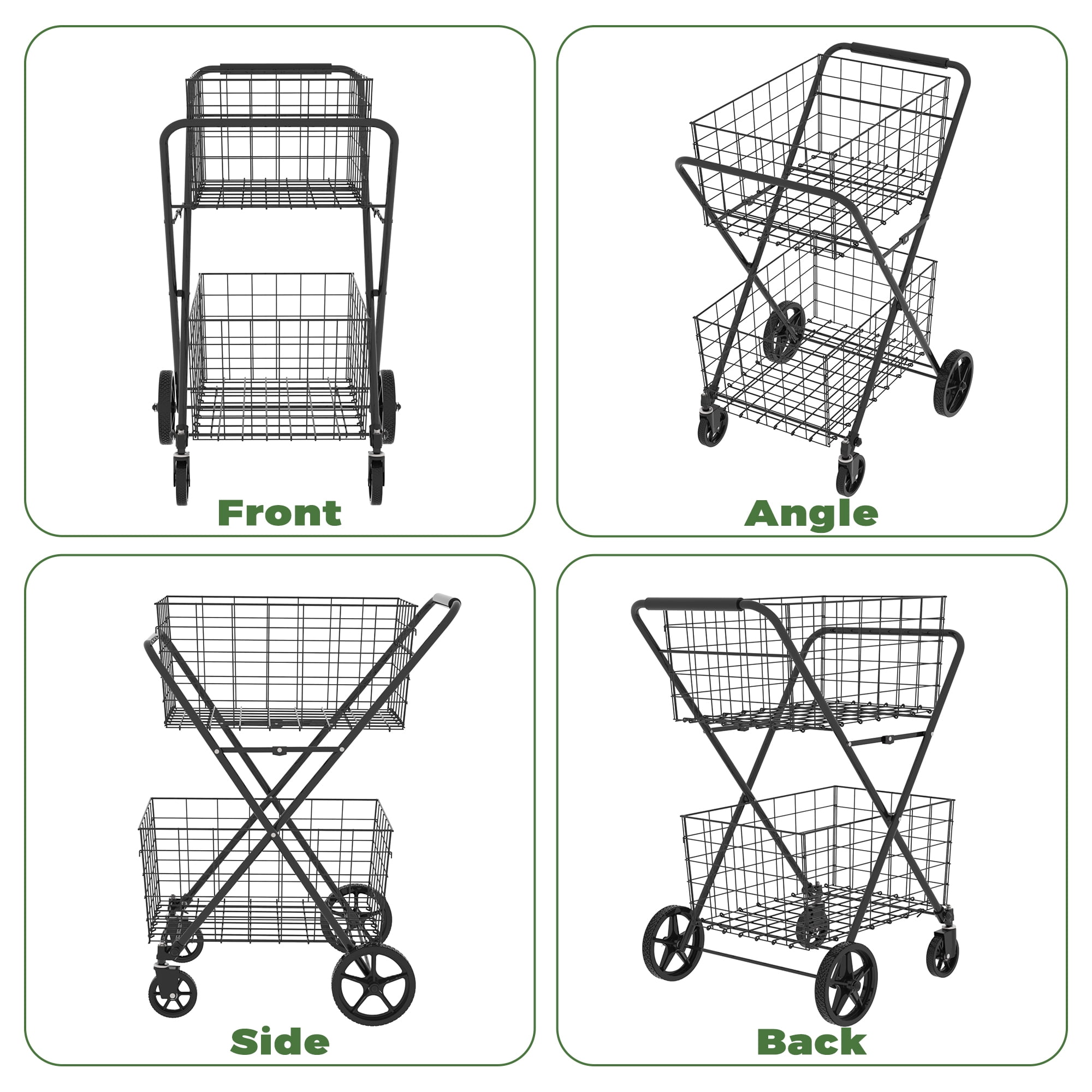 Jumbo Shopping Cart, 2 Layers Grocery Cart on Wheels, Foldable Utility Shopping Carts with Double Basket and 360° Rolling Swivel Wheels for Groceries Laundry