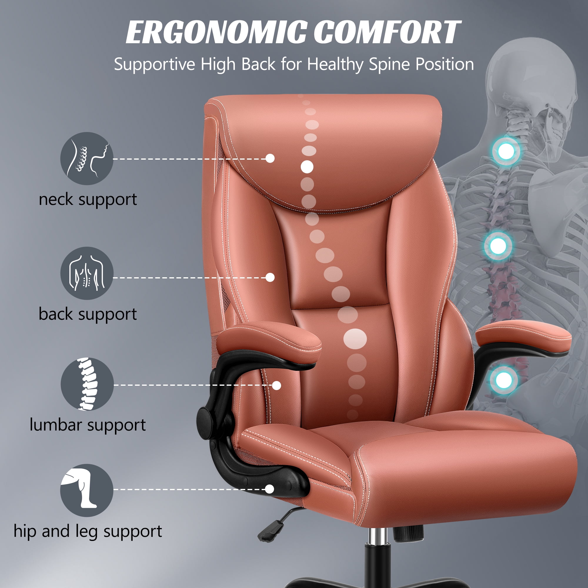 ATHOPE Executive Office Chair, Leather Office Chair with High Back Flip Up Armrests, Height Adjustable Comfy Desk Chair with Wheels, Ergonomic Computer Chair, Matte Brown