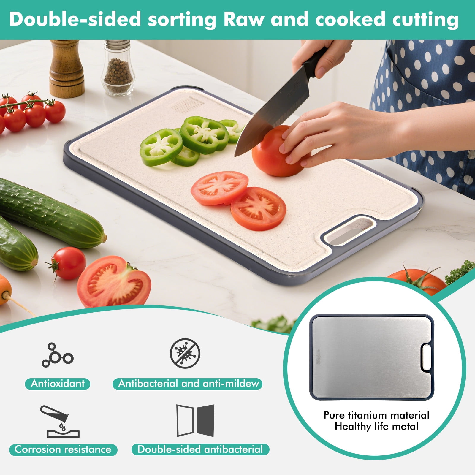 COPOOLIFE 16" x 11" Double-Sided Titanium and Wheat Straw Cutting Board with Juice Groove, Gray