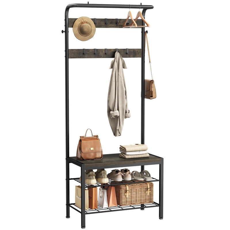 BEAUTYPEAK 5-in-1 Hall Tree 72"x28" Entryway Coat Rack with Shoe Bench Hanging Rod 10 Movable Hooks and 2-Tier Shoe Storage, Wood Gray