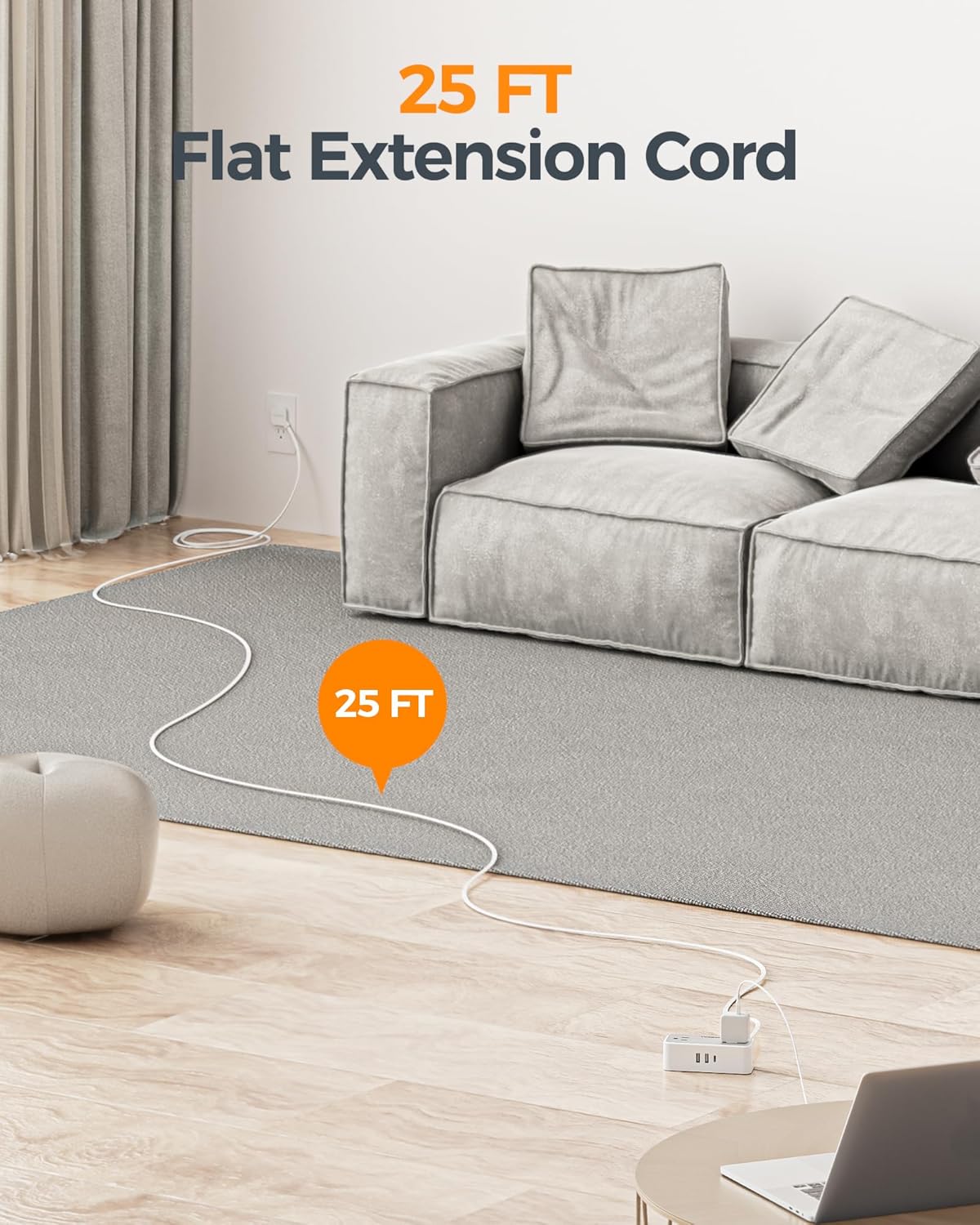 Flat Plug Extension Cord 25 ft, Surge Protector Power Strip with 4 AC Outlets 1 USB C and 2 USB A Ports, 900 Joules Protection, Multiple Wall Outlet Extender for Home Office Dorm Essentials