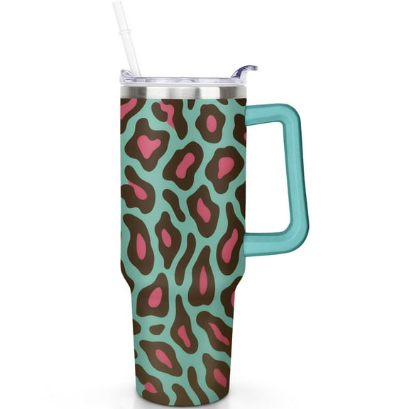 1pc Leopard 40oz Tumbler with Straw & Handle - Insulated Stainless Steel Cup | Holiday Gift for Man Women (Christmas, Valentine's, Birthday)