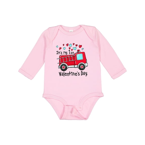 Inktastic It's My 1st Valentine's Day Fire Truck Boys or Girls Long Sleeve Baby Bodysuit