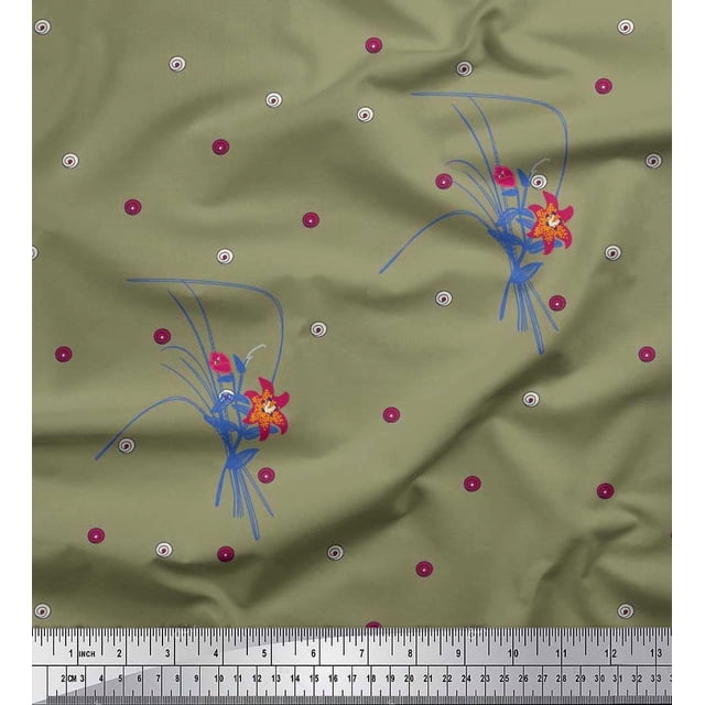 Tissu Popeline de Coton Pomme Feuilles & Lis Imprimé Floral 1 Yard 56 Inch Wide