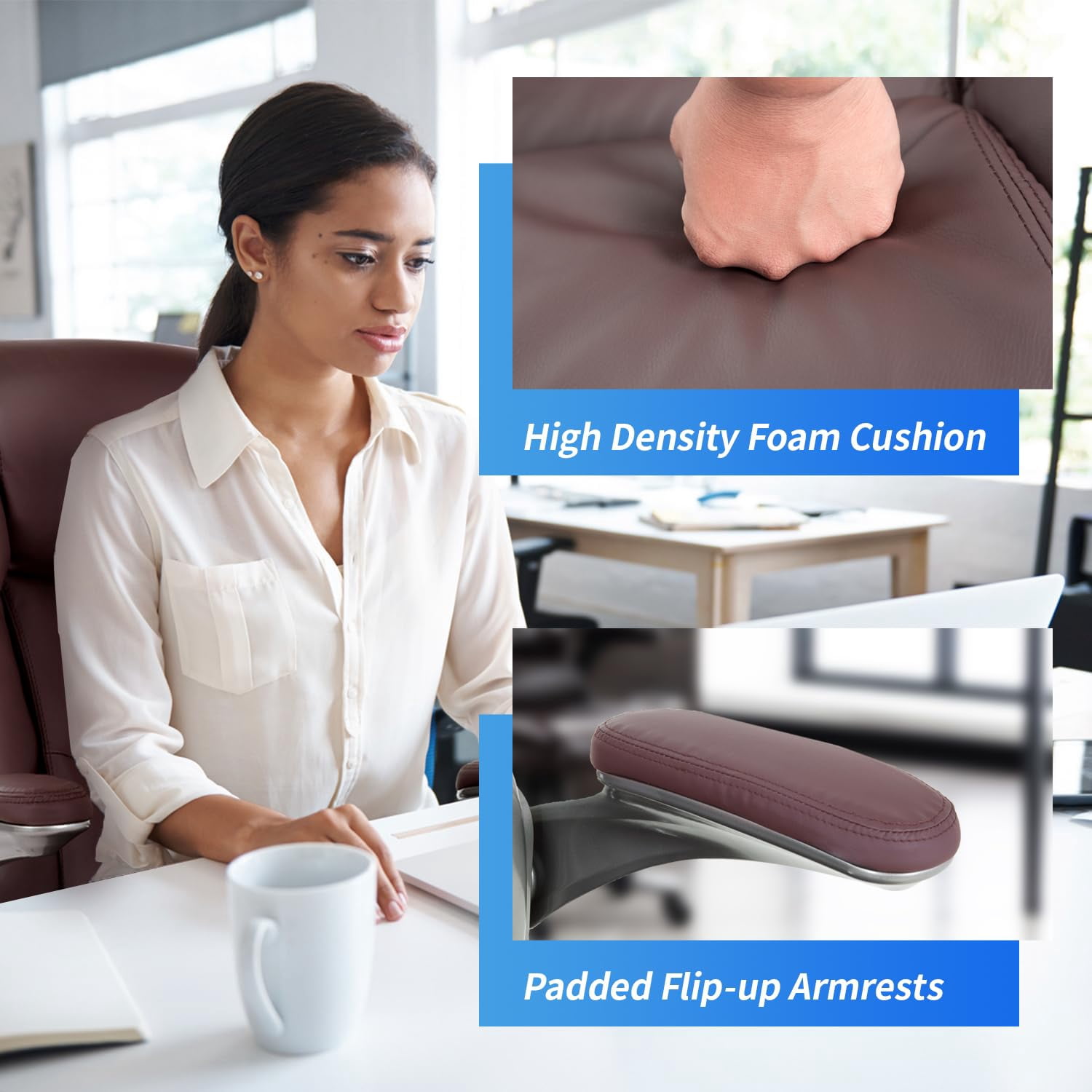 400lbs Big and Tall Office Chair  Ergonomic Desk Chair PU Leather Computer  Chair Adjustable High Back Rolling Chair with Lumbar Support for Adults, Brown