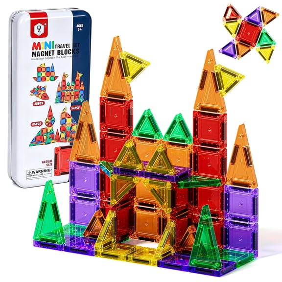 Mini Magnetic Tiles Travel Set with Metal Storage Box, 50PCS Magnetic Tiles, STEM Montessori Educational Toy for Boys Girls, Magnetic Construction Toys for 4-8 Year Old Kids Gifts