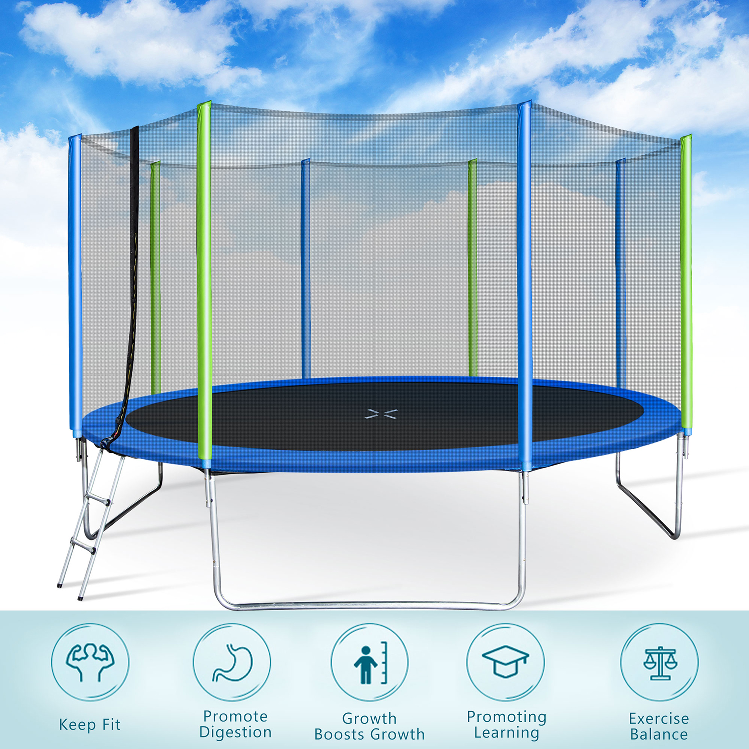 Kadyn 12FT Mini Small Trampolines, Polypropylene Jumping Trampoline with Safety Enclosure Net, Ladder and 8 Wind Stakesm, Round Outdoor Recreational Trampoline for Kids, Colorful