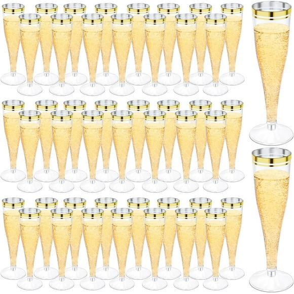Missunny-10 0 Pack Flûtes à Champagne en Plastique, Verres à Champagne Transparents de 4,5 oz avec Rebord Doré, Coupes à Champagne Jetables pour Mariage, Anniversaire, Shower de Mariée, Fête, Fournitures de Bar Mimosa