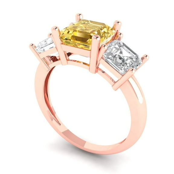 Three-Stone Engagement Ring for Women - 4ct Simulated Yellow Diamond in 14K Rose Gold Promise Ring