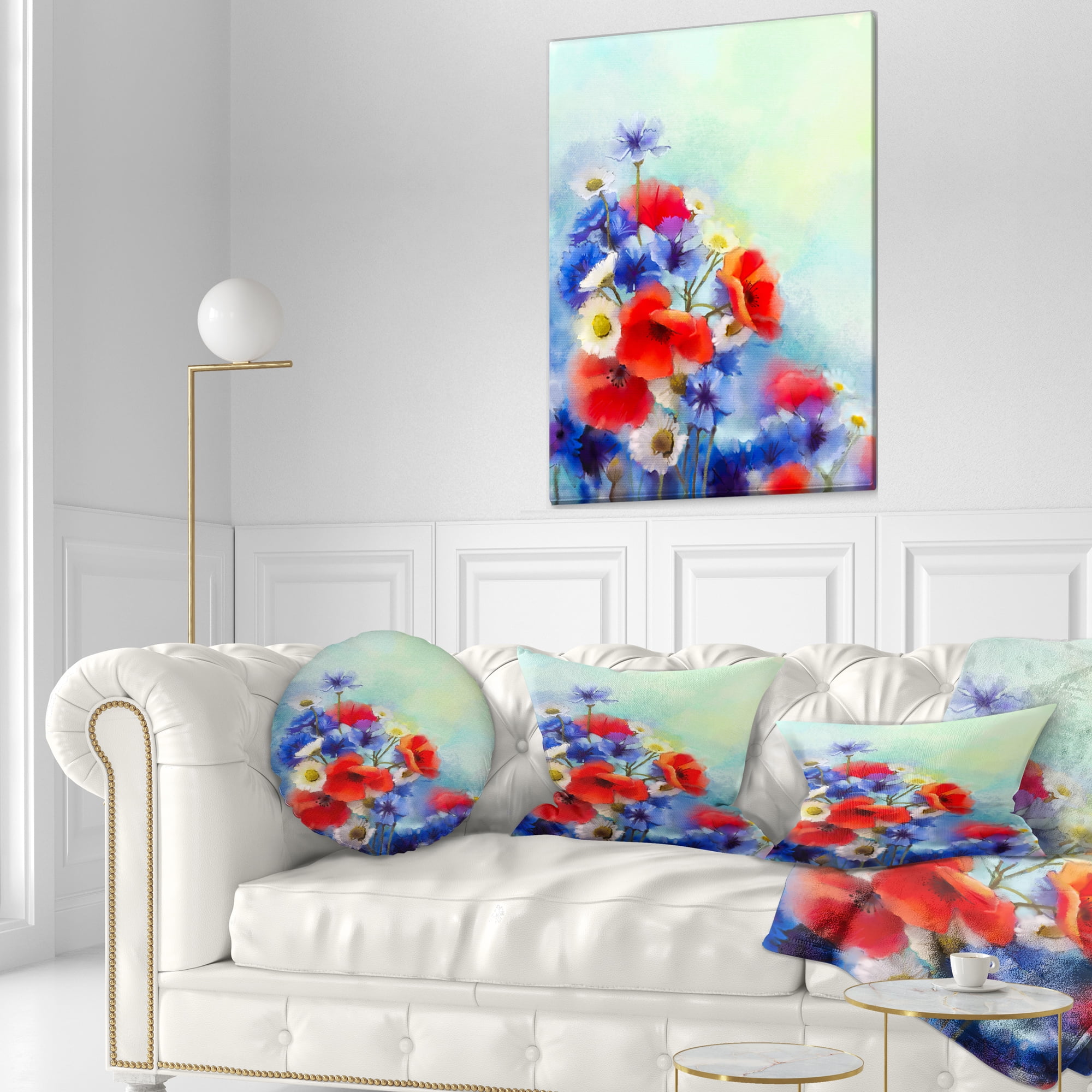 Designart Blue Cornflower and White Daisy - Floral Throw Pillow - 12x20