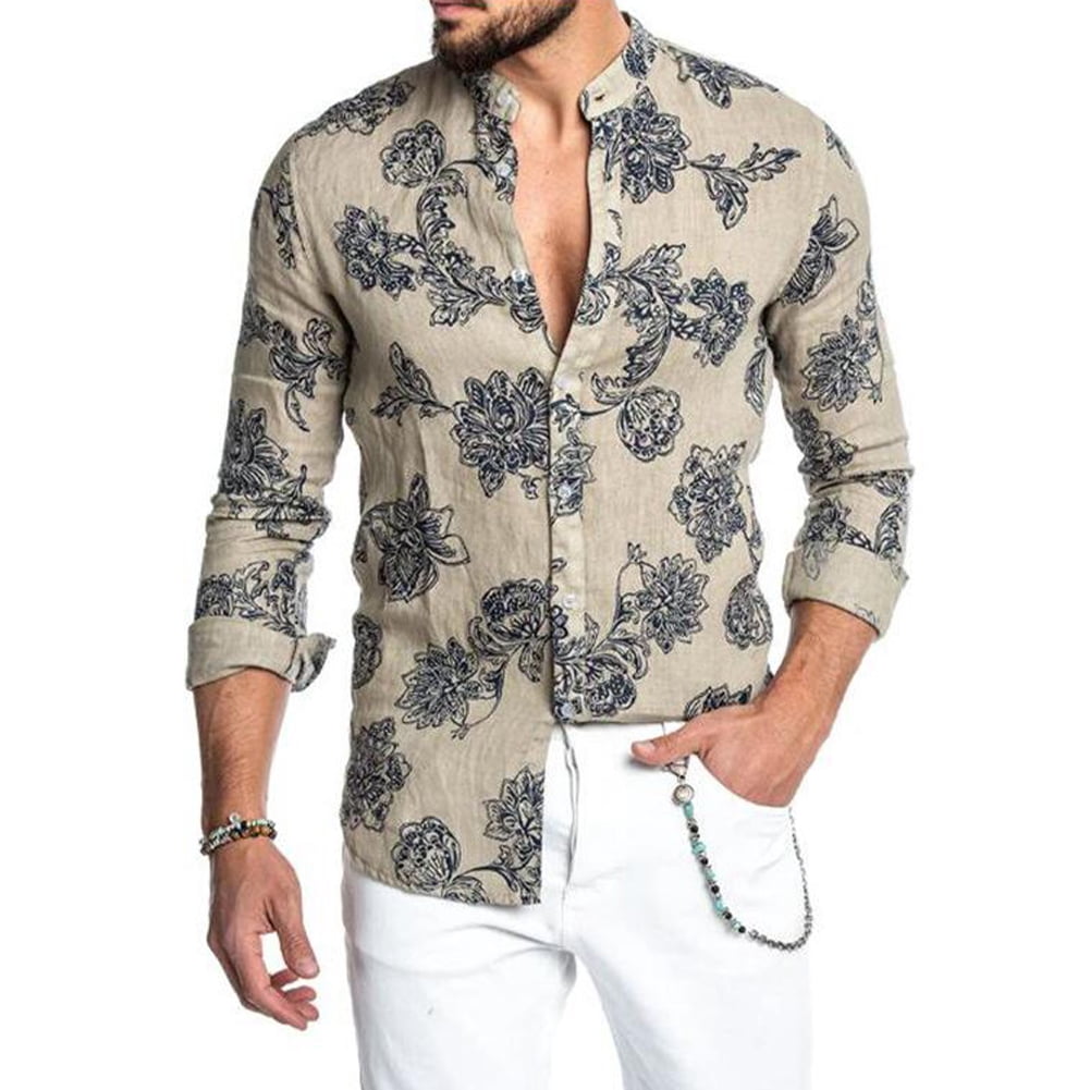 YaptheS Men Flower Shirts Slim Stand-Up 