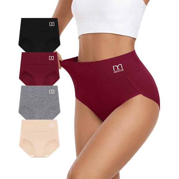 YDQ Women's High Waisted Cotton Briefs, Light Tummy Control, Full Coverage, 4-Pack, XL
