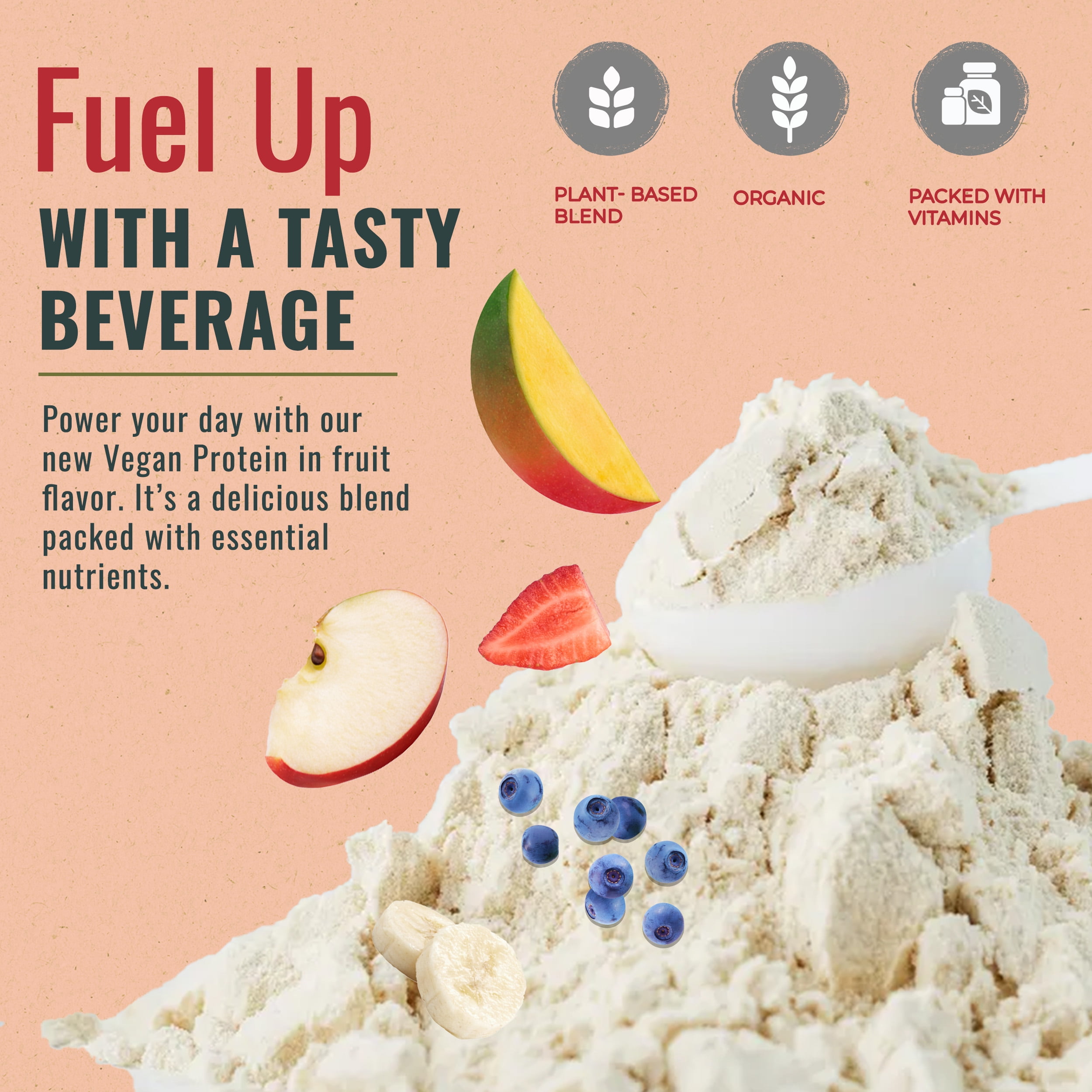 Zenbodi Fuel Vegan Protein Powder Fruit Flavor - 21g of Protein Each Serving, Delicious Plant-Based Blend for Muscle Growth, Crafted from Pea, with Vegan D3, No Artificial Flavors, Gluten-Free