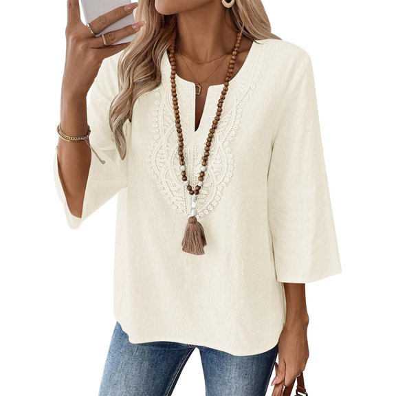 Women's Embroidered Cotton Linen T-Shirt, V Neck 3/4 Sleeve Loose Fit Blouse, Bohemian Summer Top for Casual Daily Wear, Vacation, Date Night and Relaxed Outfits Beige XXXXL