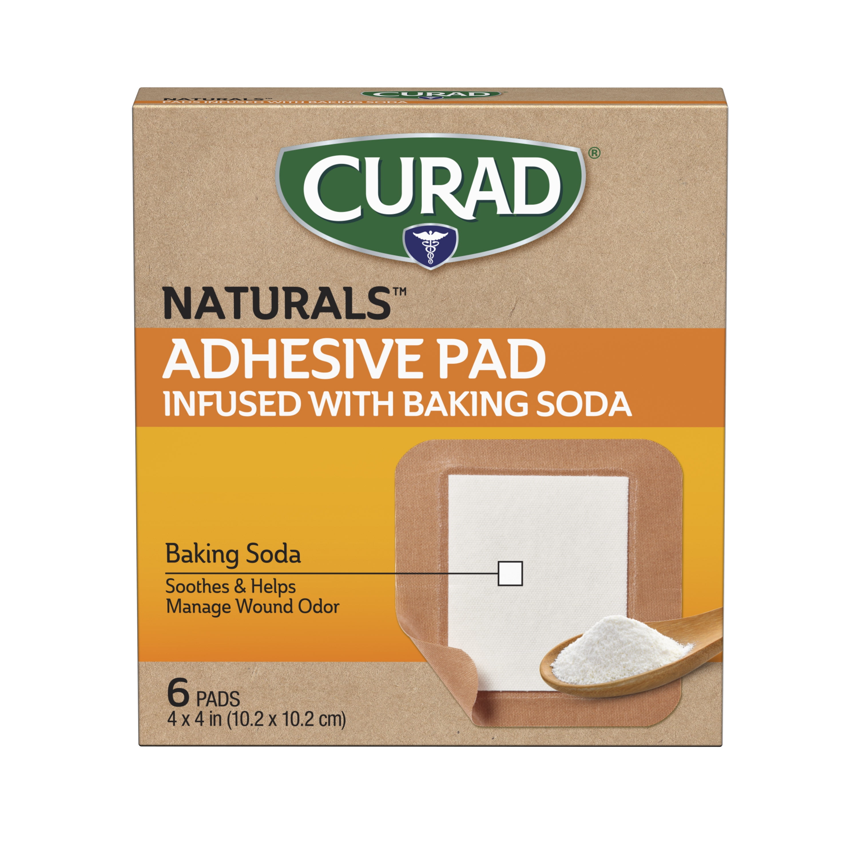 Curad Naturals Baking Soda Bandages 4" x 4", 24 Count, For Scrapes & Cuts, Absorbent & Self-Adhesive, 6 Per Box