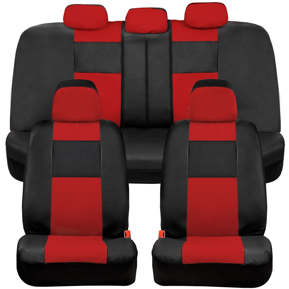 11 Full Set Universal Faux Leather Seat Covers Red Interior with Mesh Polyester 
