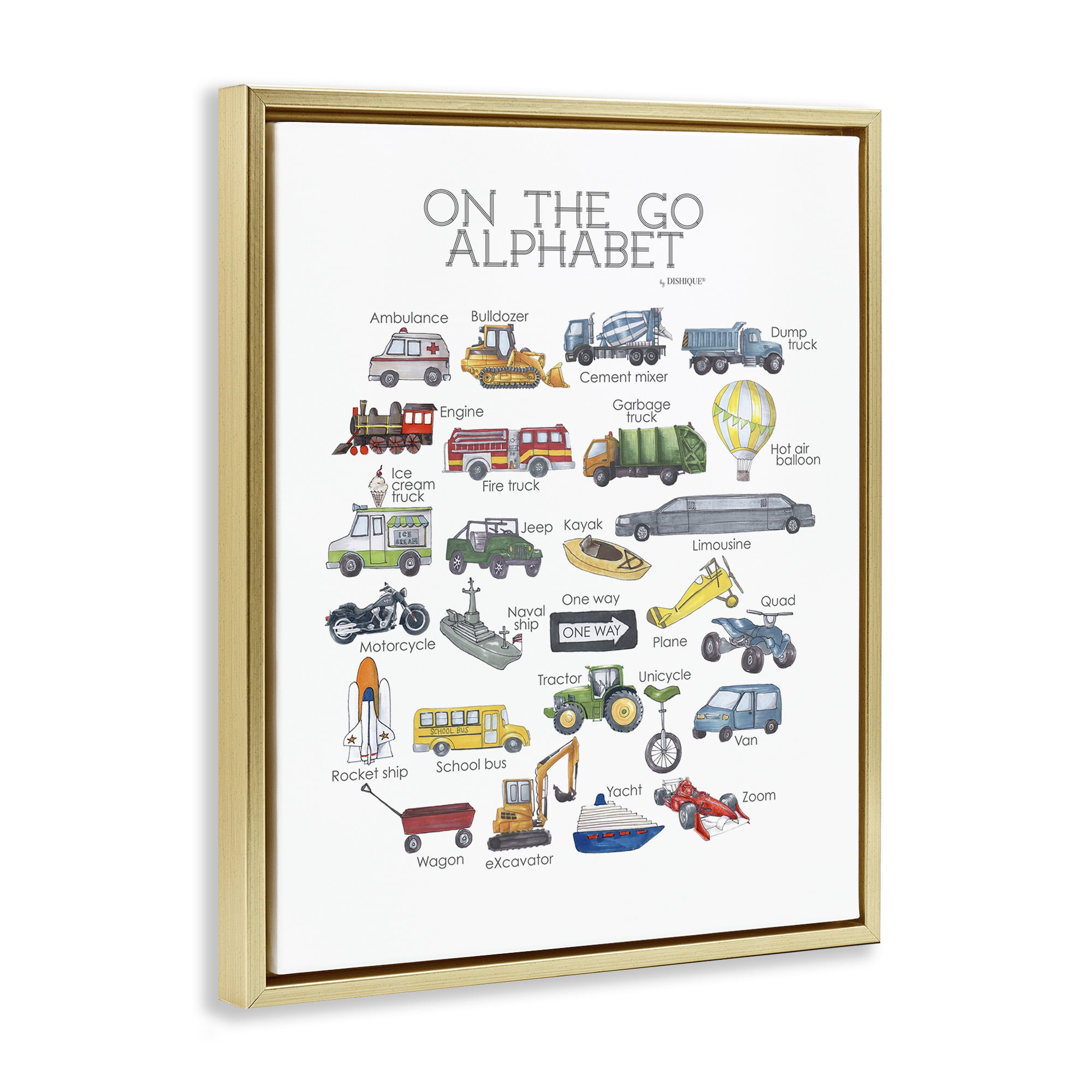 Stupell Industries On The Go Transportation Alphabet Art for Kids Painting Gold Floater Framed Canvas Art Print Wall Art, 17 x 21