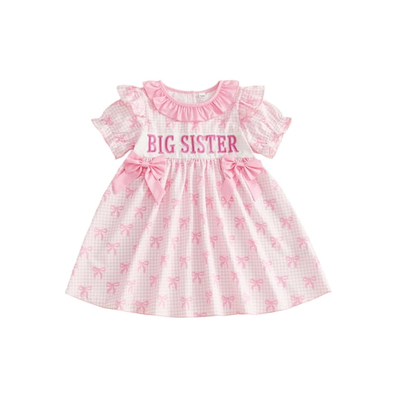 BemeyourBBs Toddler Baby Girl Big Sister Dress Outfit Kids Baby Girl Summer Plaid Gingham Dress Short Sleeve Letter Embroidery Front Bow Casual A-Line Dress