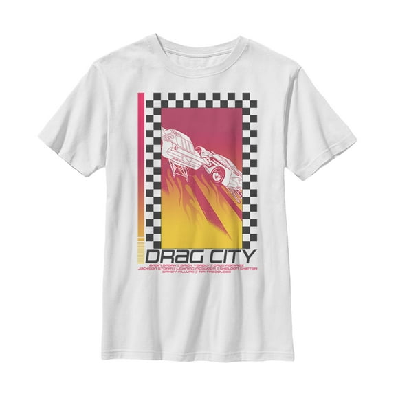 Boy's Cars Checker Flame Drag City  Graphic Tee White X Small