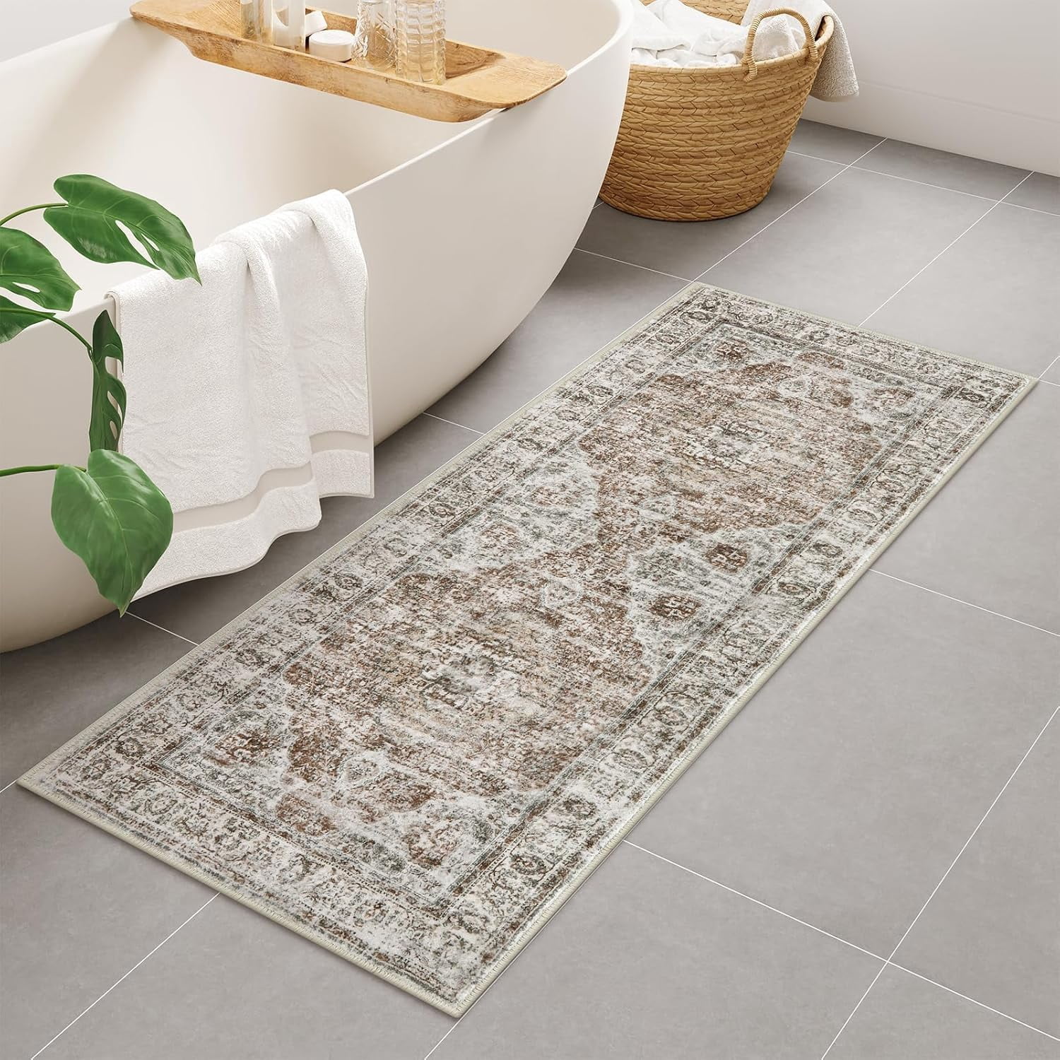Blue Bathroom Rugs, Distressed Farmhouse Boho Bath Mat, Comfy Velvet Small Bath Rugs Non Slip Washable, Vintage Oriental Toilet Rug for Sink Shower Vanity, 18x26 inch
