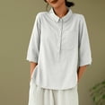 thumbnail image 5 of Mittory Cotton Linen Tops for Women 3/4 Sleeve Lapel V Neck Summer Loose Fit Boho Tunic Tops Casual Blouse, 5 of 6