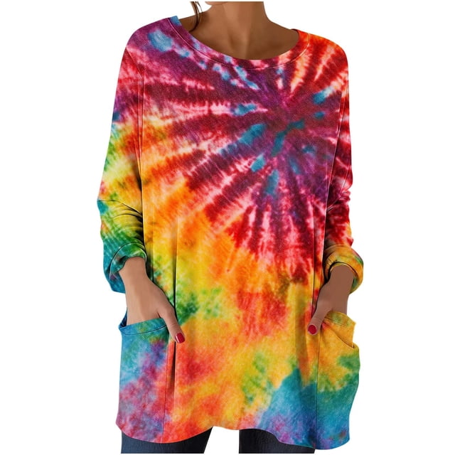 Craaazy Chemises Thermiques pour Femmes Col Rond Imprimés Rétro Manches Longues Vêtements Amples avec Poches Cadeaux