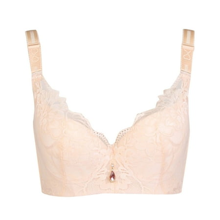 Women Bralette Solid Lace Push-Up Bra Receive Side with Steel Underwear V-Neck Seamless Bra Feature Hook and Eye Closure Padded Bra Style Y-53   Beige M