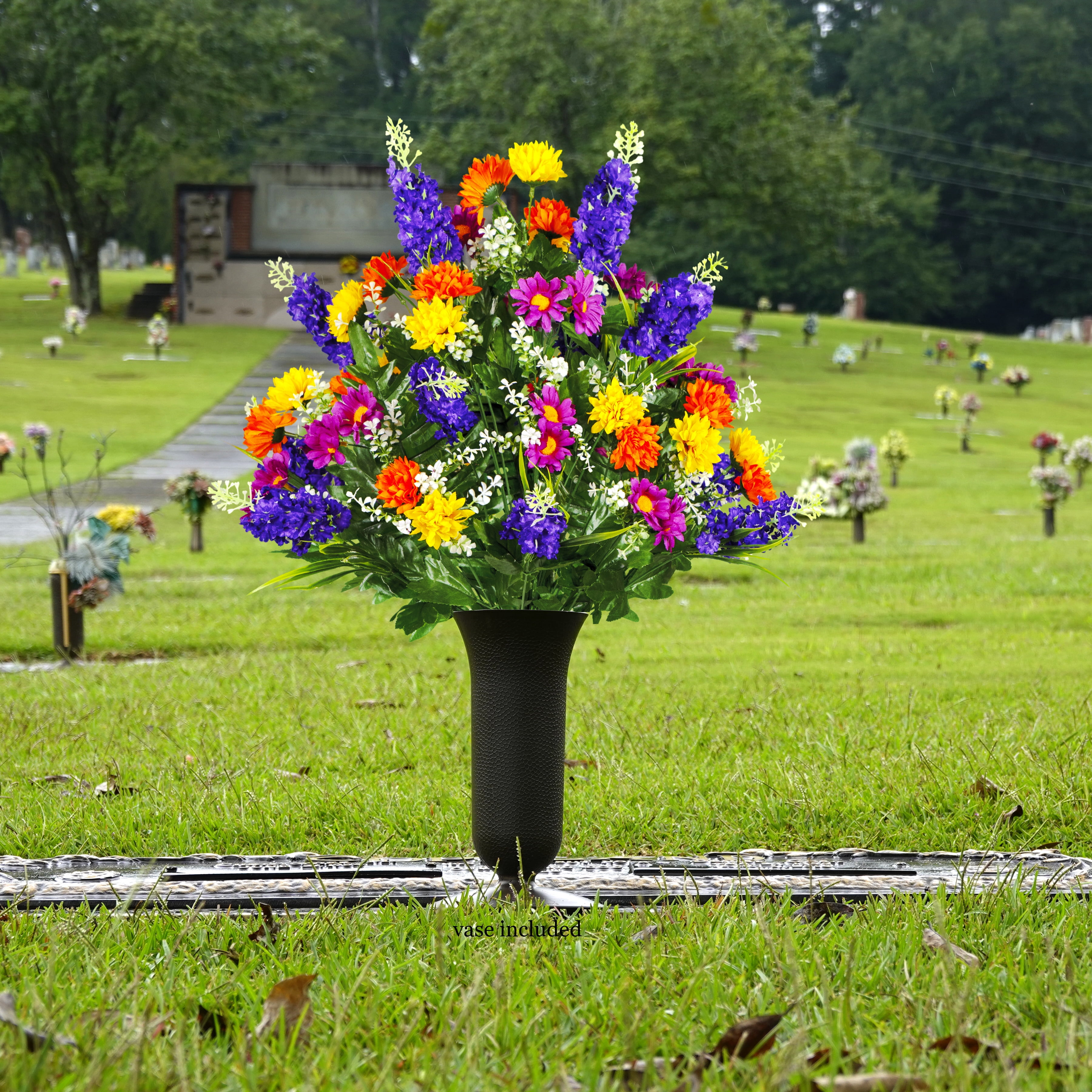 Sympathy Silks Artificial Flowers Purple Wildflower Cemetery Bouquet with Vase