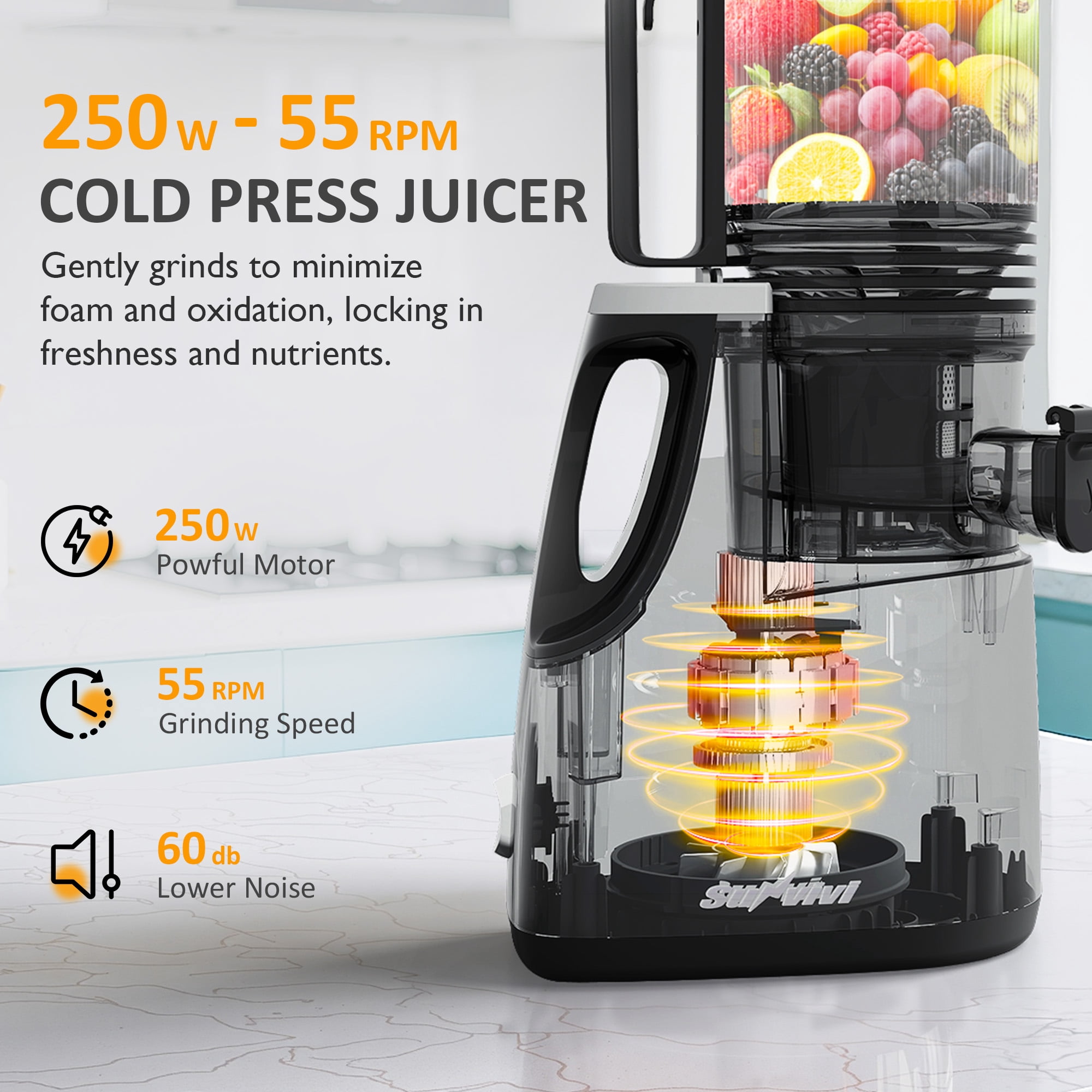 May in Color Slow Cold Press Juicer 5.9" Wide Feed Chute Masticating Juice Extractor - Black