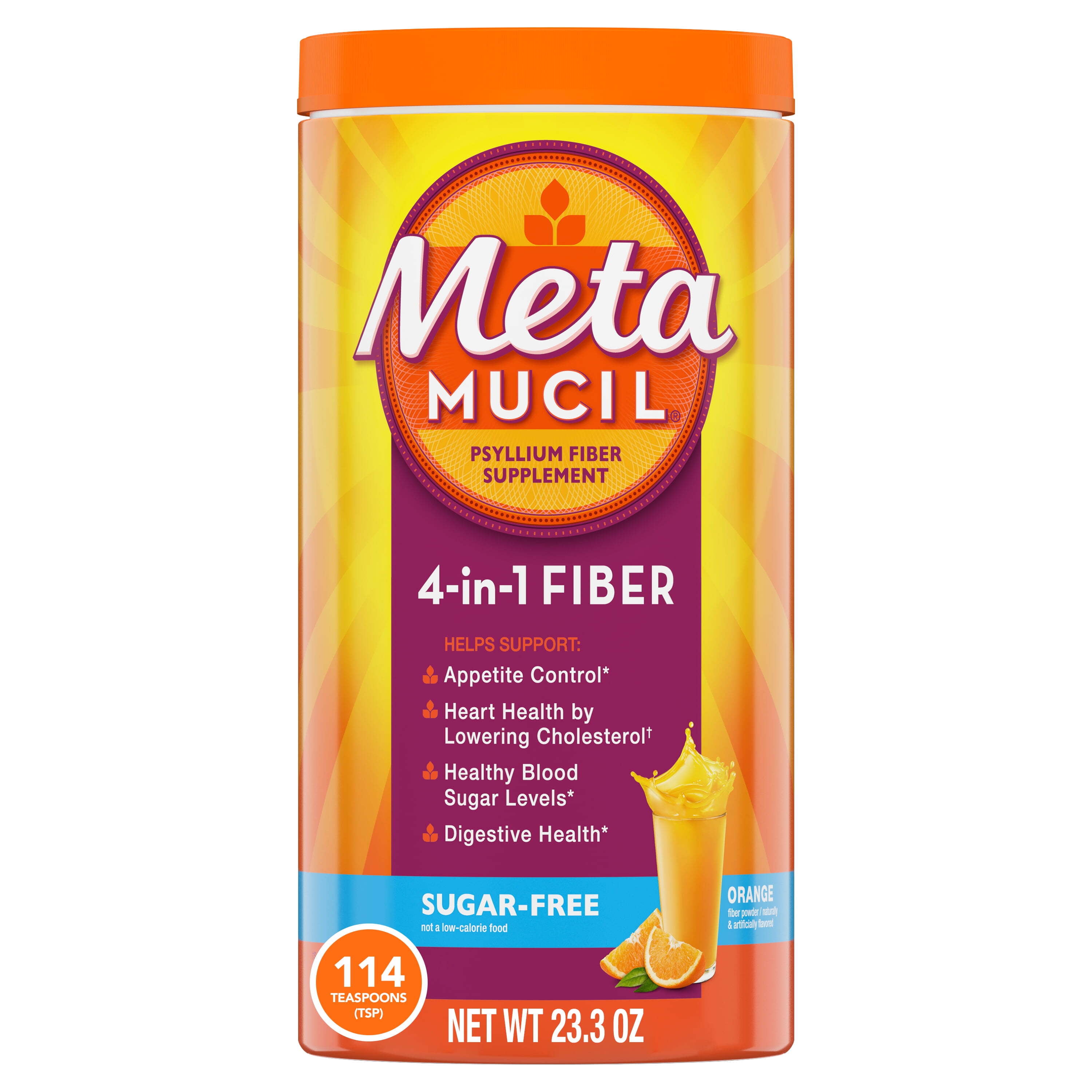 Metamucil Daily Fiber Supplement, Psyllium Husk Fiber Powder, Sugar Free, Orange, 114 Ct