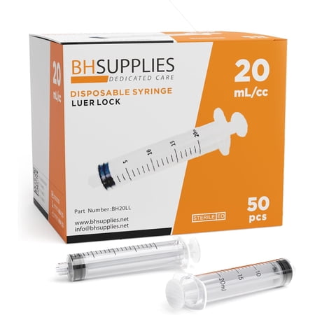 20ml Luer Lock Tip Syringes (No Needle) - Sterile, Individually Wrapped - 50 Syringes
