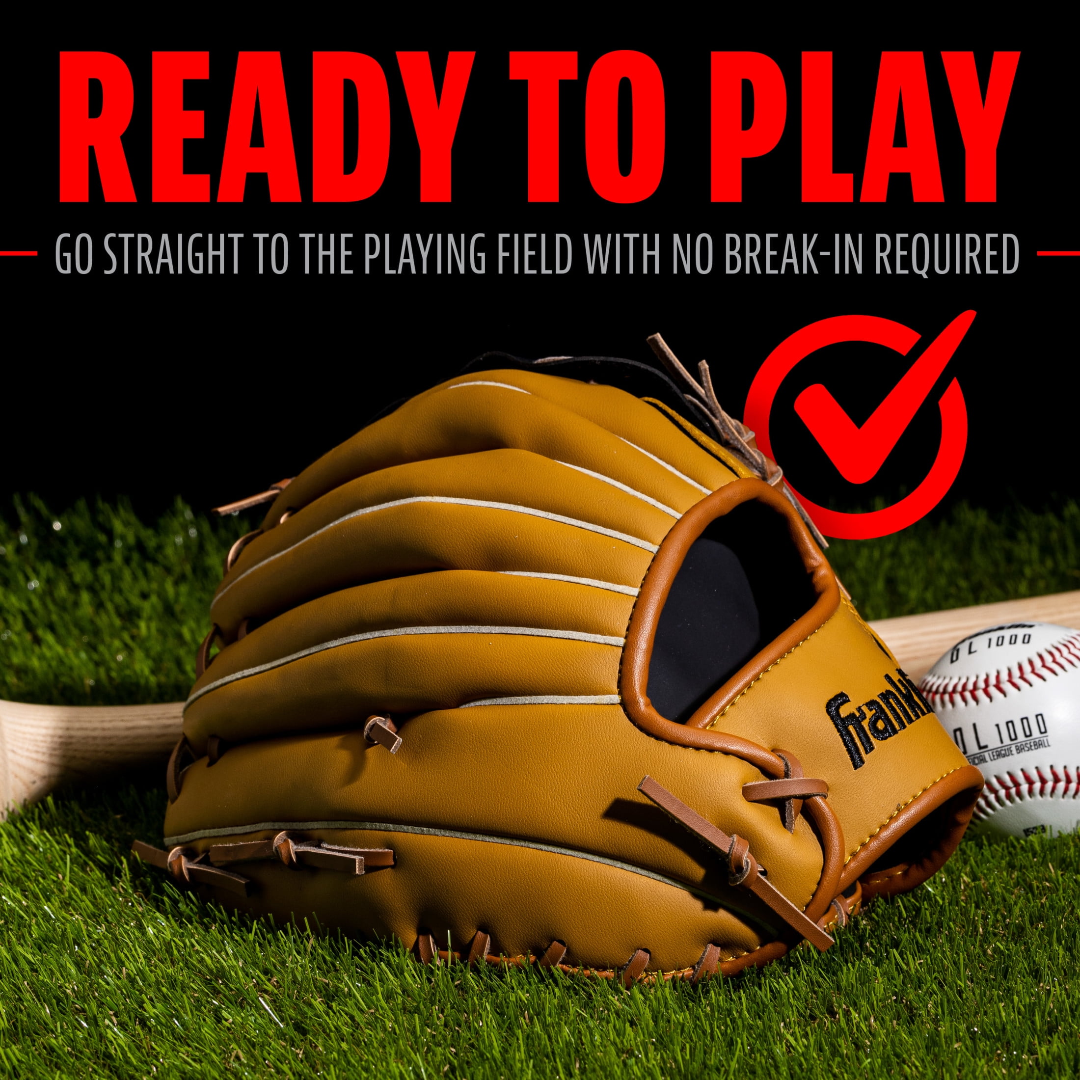 Franklin Sports Field Master Baseball + Softball Glove, 12 in, Black/Tan, Right Hand Throw