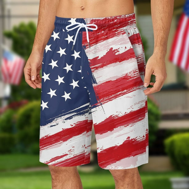 WILLBEST Pantalones Cortos Cargo para Hombre, Pantalones Cortos de Verano para Hombre, Holgados, con Cordones, con Estampado de Bandera Roja y Azul, Estilo Casual