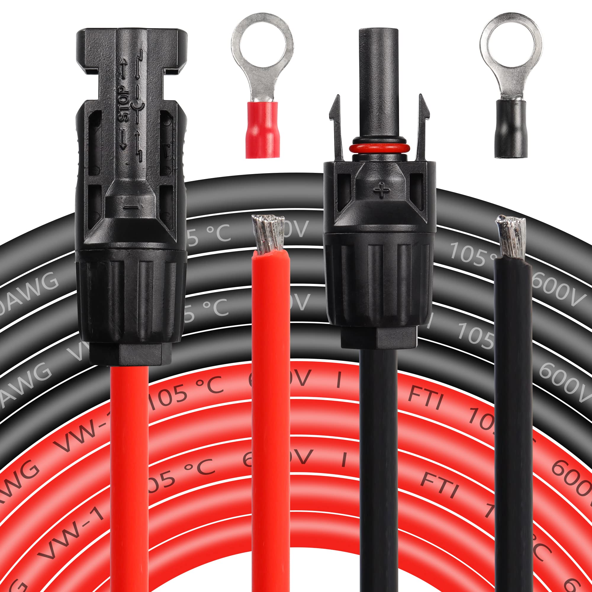 CERRXIAN 10AWG 16.4FT Solar Extension Bare Wire Cable with Female and Male Connector with O Ring for Solar Panels, Charge Controller(Black+Red) (10AWG 16.4FT)-o