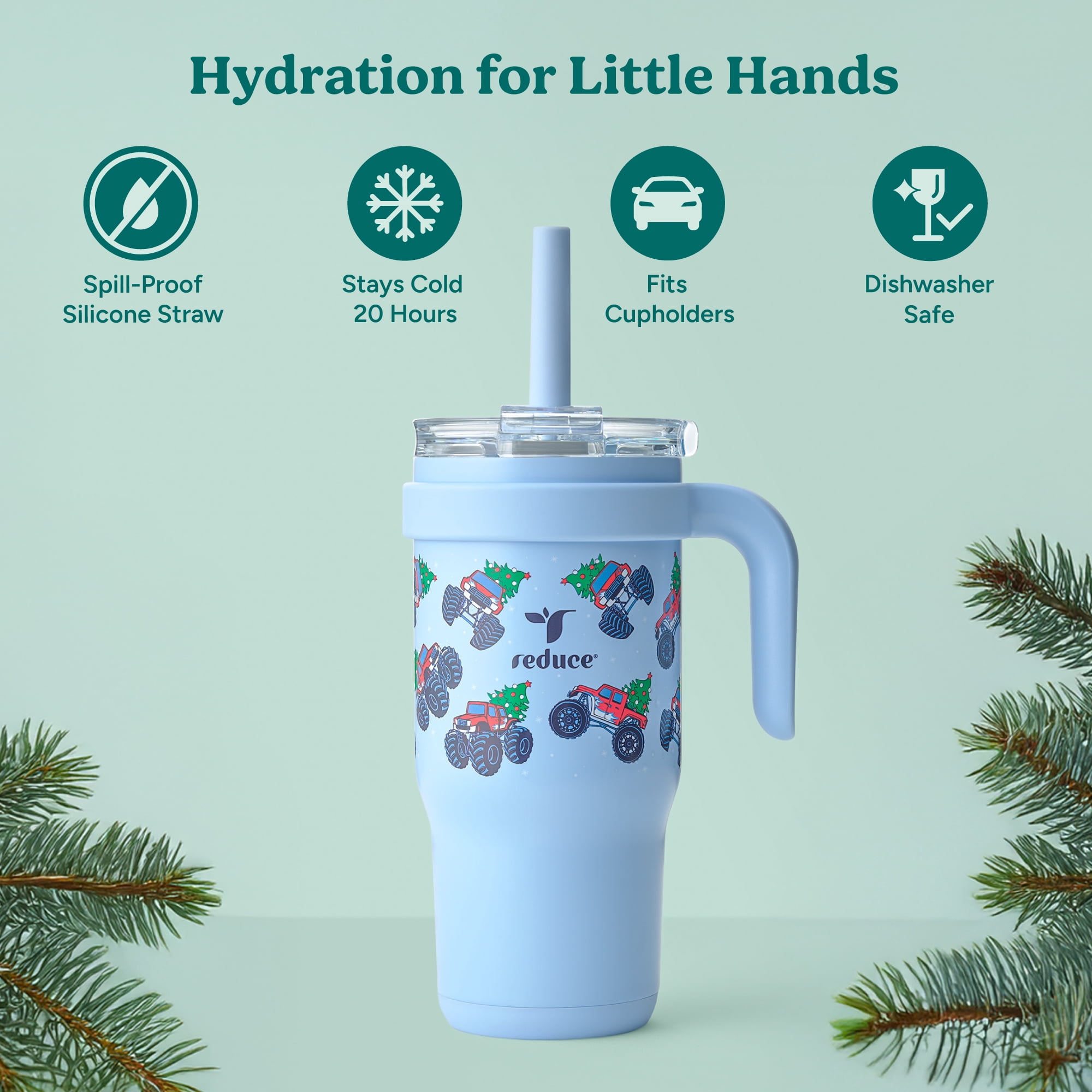Reduce Coldee Kids Tumbler with Spill-Proof Straw & Handle. Insulated Stainless Steel 18 oz, Santa Jam