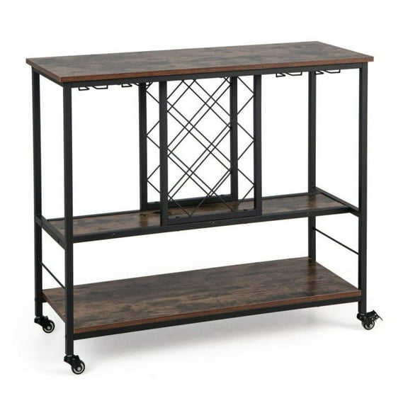 Wine Bar Cabinet, 3-Tier Rolling Bar Cart with 8 Bottle Rack & 12 Glass Holder, Industrial Style Serving Cart for Home Kitchen Dining Room, Rustic Brown & Black