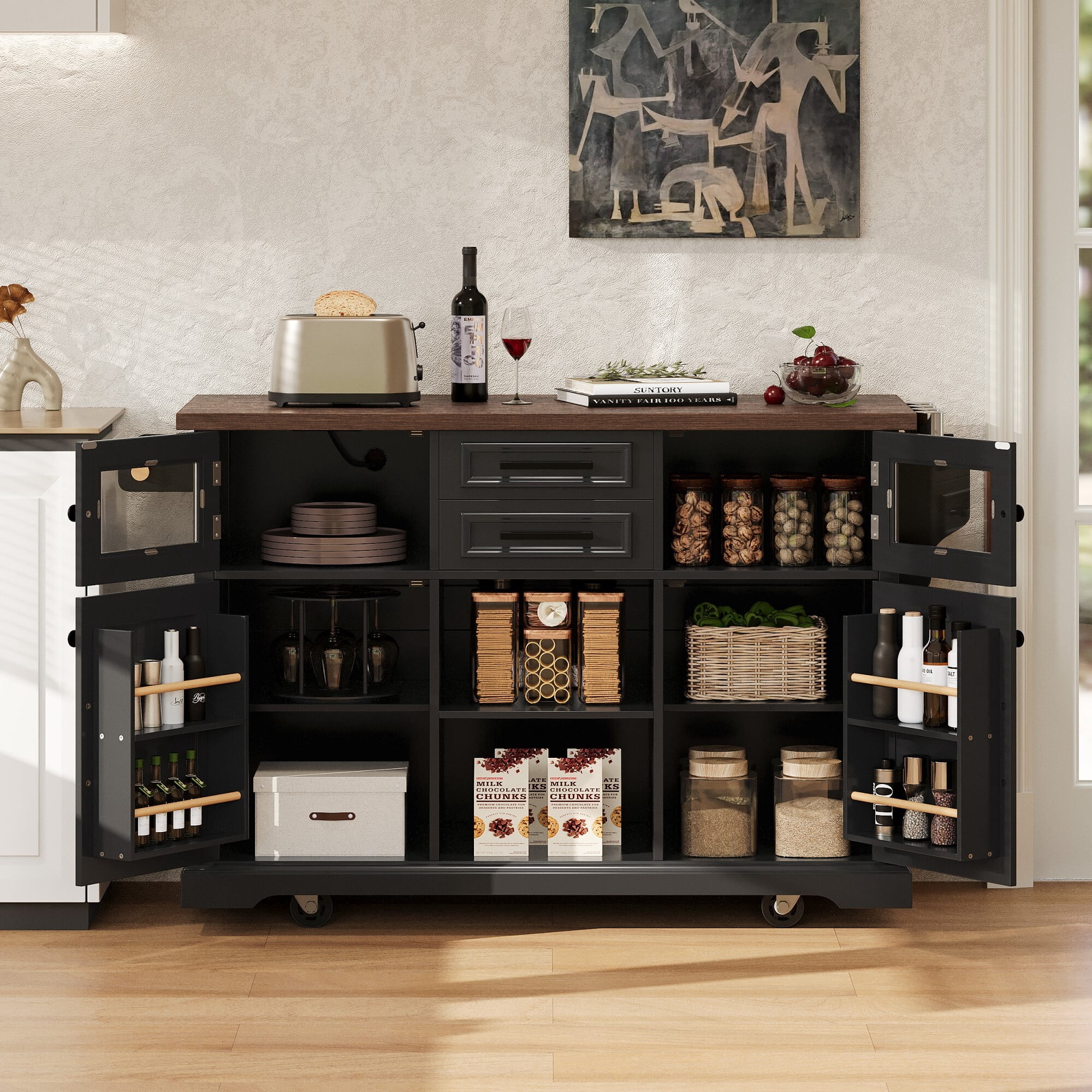 AENKYO 54.9'' Farmhouse Kitchen Island Cart with Drop Leaf, Charging Station, Adjustable Shelves, and Lockable Wheels, Black