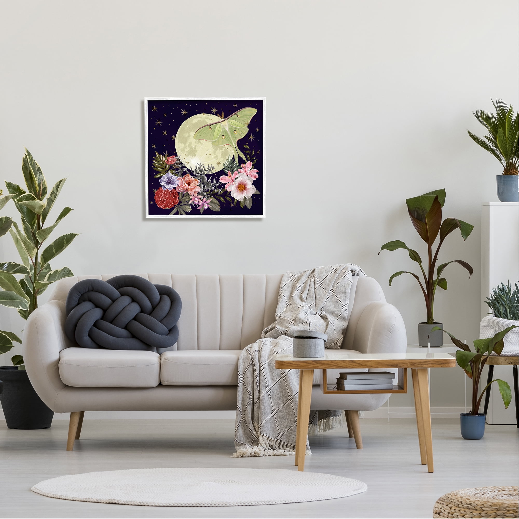 Stupell Industries Calming Nighttime Luna Moth Flying Moon Flowers Graphic Art White Framed Art Print Wall Art, Design by Raquel Maciel