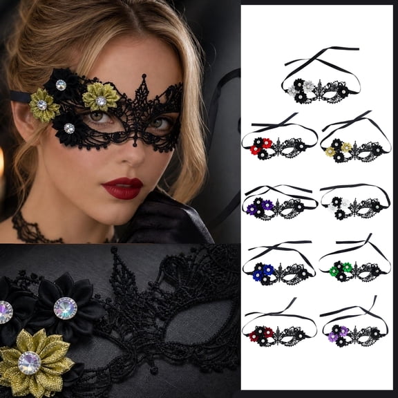 Mskk Lace Flower Rhinestone Masquerade Mask for Women, Venetian Half‑Face Mask Halloween Mardi Gras Carnival Costume Ball Cosplay Party Accessory for Night Event