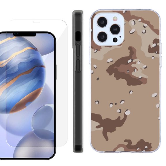 Slim Fit Protective Phone Case for Apple iPhone 12 / iPhone 12 Pro, with Tempered Glass Screen Protector, by OneToughShield ® - Desert Camo