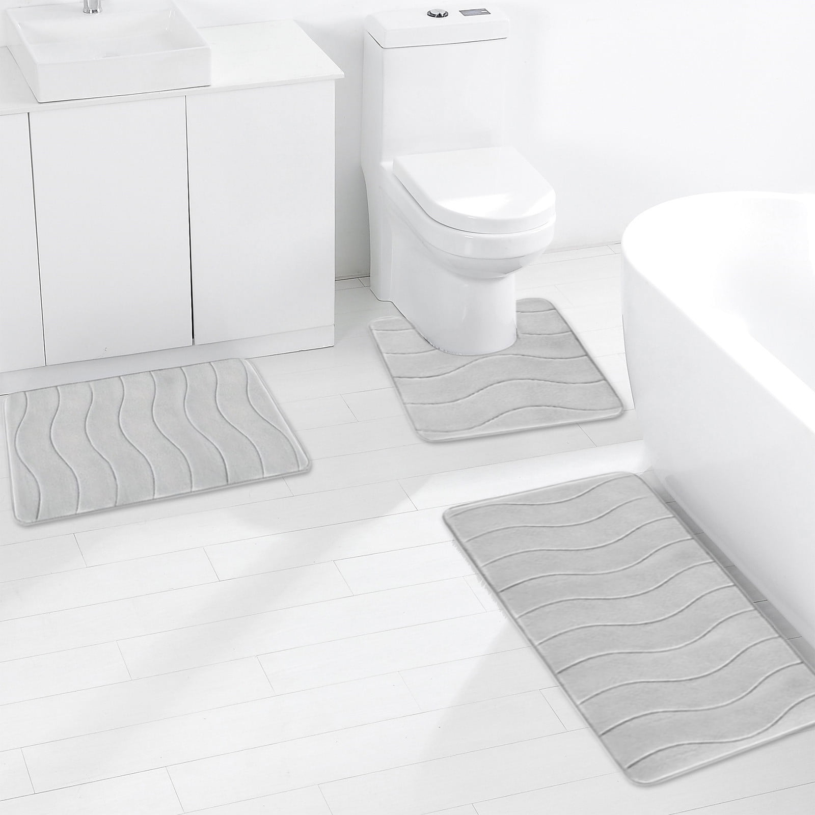 Beautynvta Memory Foam Bath Mat Set, 3 Pieces Quick-Dry Absorbent Bath Mats and U-Shaped Contour Rug for Bathroom, Non-Slip and Soft Comfortable, Gray