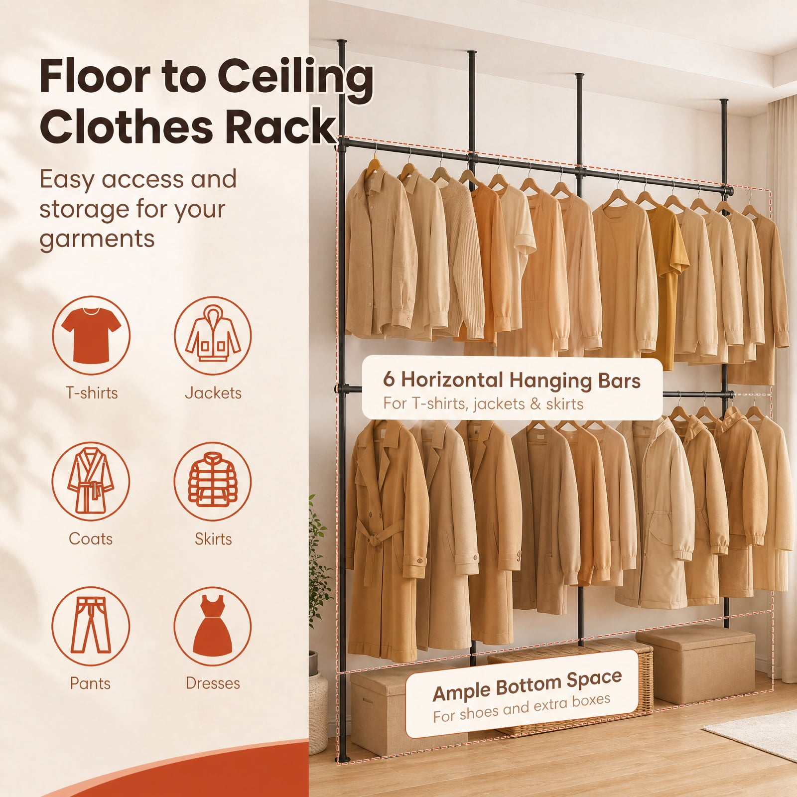 Furnibear Adjustable Floor to Ceiling Clothes Rack with 6 Hanging Rods Telescoping Heavy Duty Garment Organizer for Closet Boutique, Black