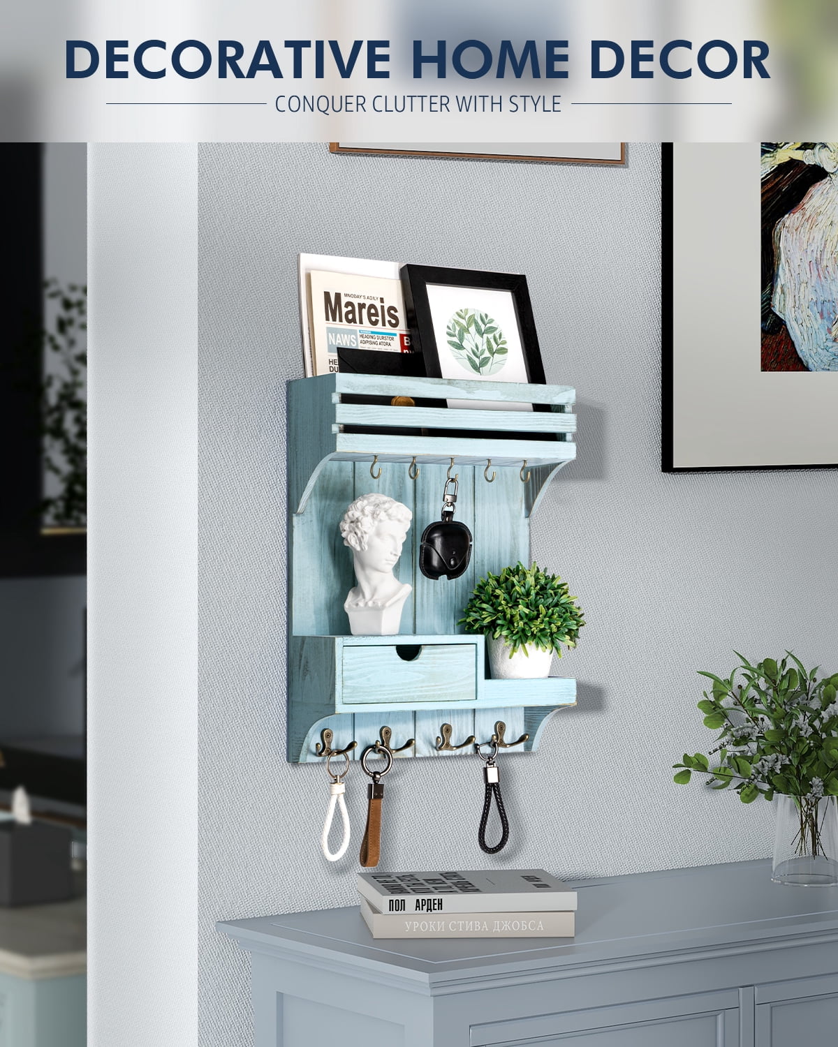 Rebee Vision Rustic Key Holder Wall Mount for Home Decor - Mail Organizer with 9 Key Hooks and Mini Drawer Organizer (Blue, 12inch)
