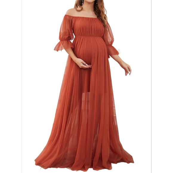 Maternity Photography Props Floral Lace Dress Exquisite Maternity Dress for Baby Shower Photos Orange & Red M
