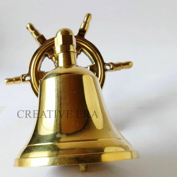 Shiny Brass Ship Wheel Bell – 4" Wall Hanging Nautical Door Bell, Marine Decor, Antique Finish